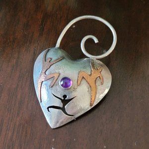 Vintage Sterling Silver Amethyst Copper Handmade Puffed Heart Shaped Brooch Pin
